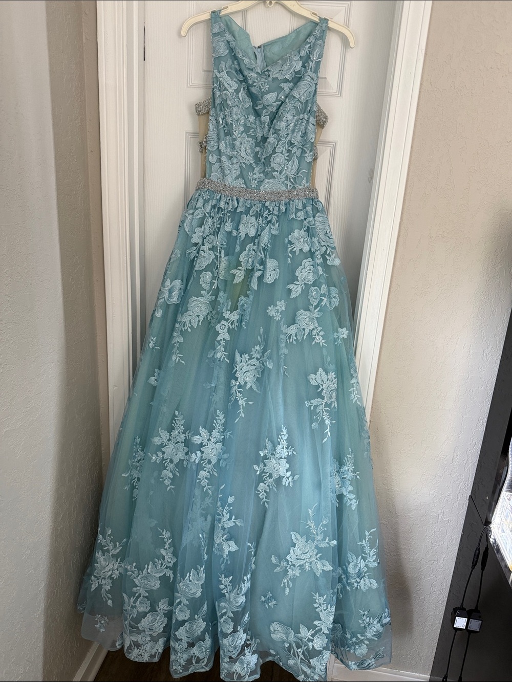 Sherri Hill Aqua Floral Lace Tulle Ball Gown